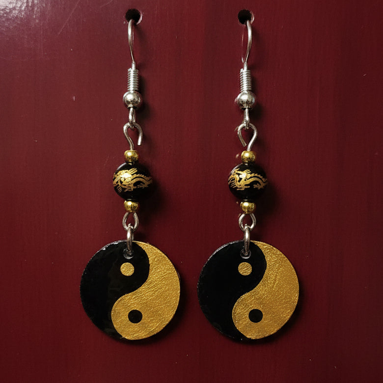 Handmade Black & Gold Yin Yang Earrings Wirh Glass Beads