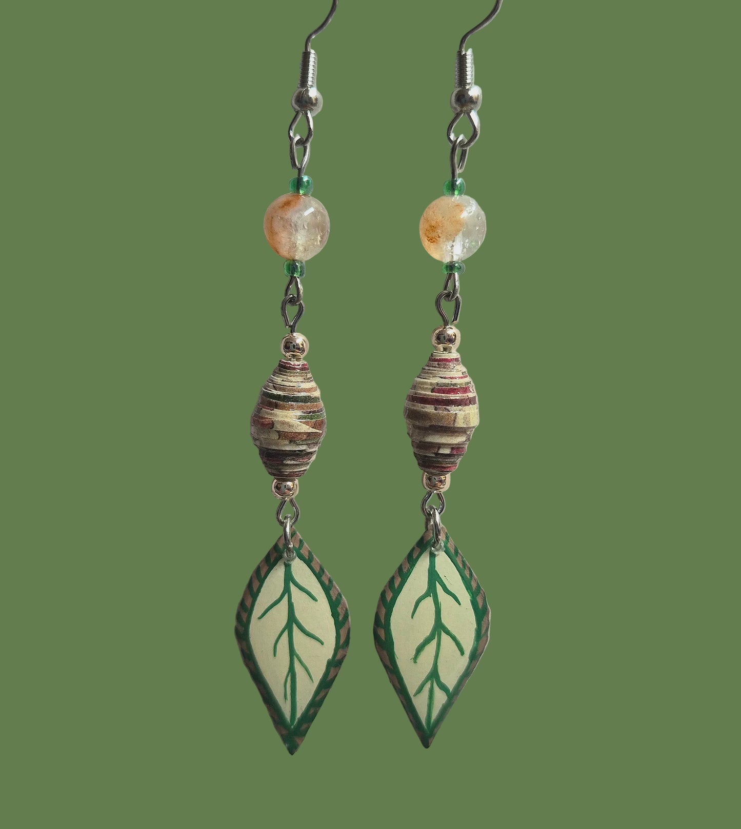 Handmade Leaf Earrings With Striped Earthtoned Paper Beads & Citrine Quartz