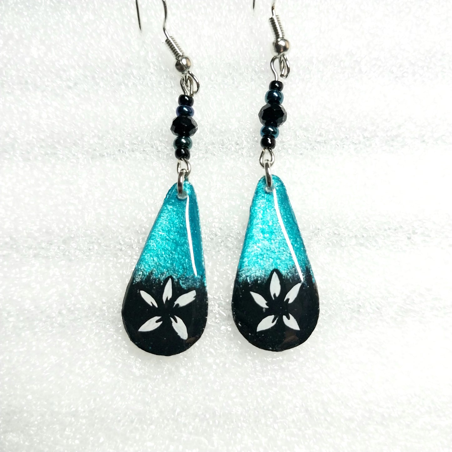 Little Blue Boo Hand-painted Ghost Earrings With Black Faceted Bead and Glass Beads