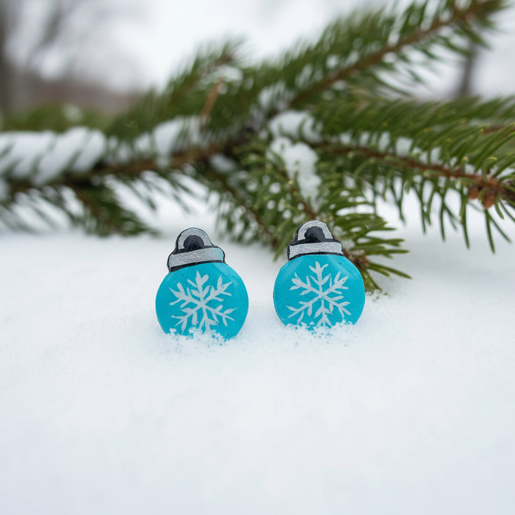 Hand-painted Blue Snowflake Ornament Stud Earrings