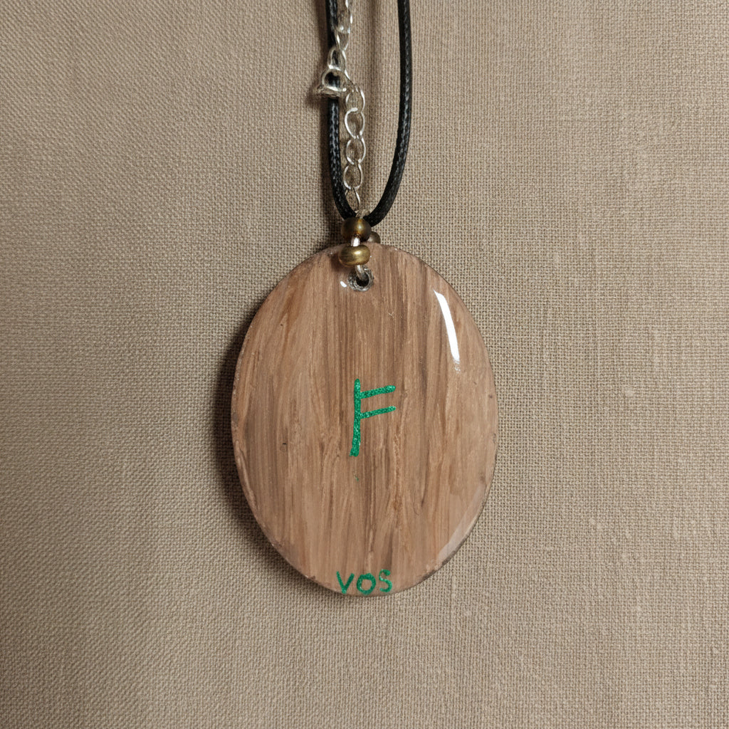 Handmade Fehu Prosperity Bay Leaf On Wood Necklace, Infused With Selenite Crystal
