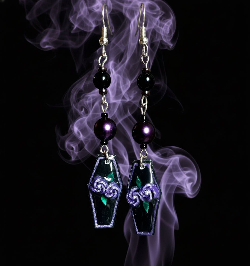 Handmade Purple Flower Coffin Earrings With Purple Glass Beads