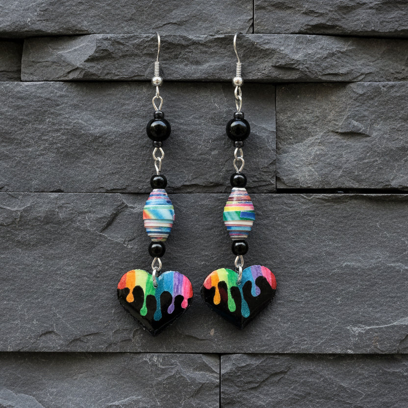 Dripped Rainbow Heart Earrings With Rainbow Colored Handmade Paper Beads and Glass Beads