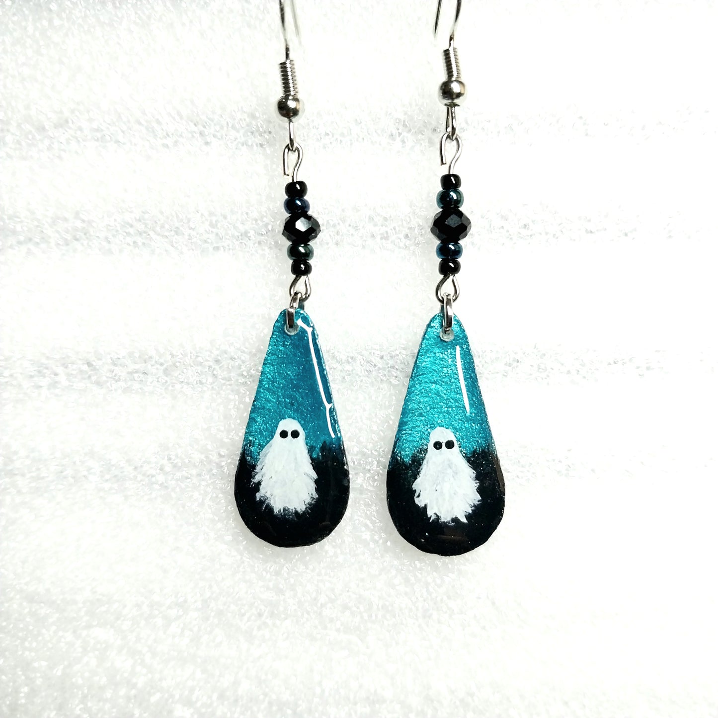 Little Blue Boo Hand-painted Ghost Earrings With Black Faceted Bead and Glass Beads