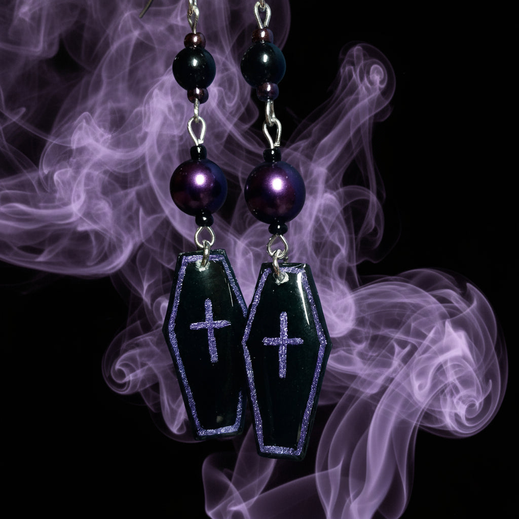 Handmade Purple Flower Coffin Earrings With Purple Glass Beads