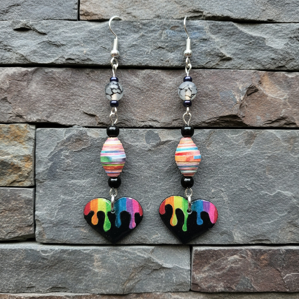 Dripped Rainbow Heart Earrings With Rainbow Colored Handmade Paper Beads and Agate Beads