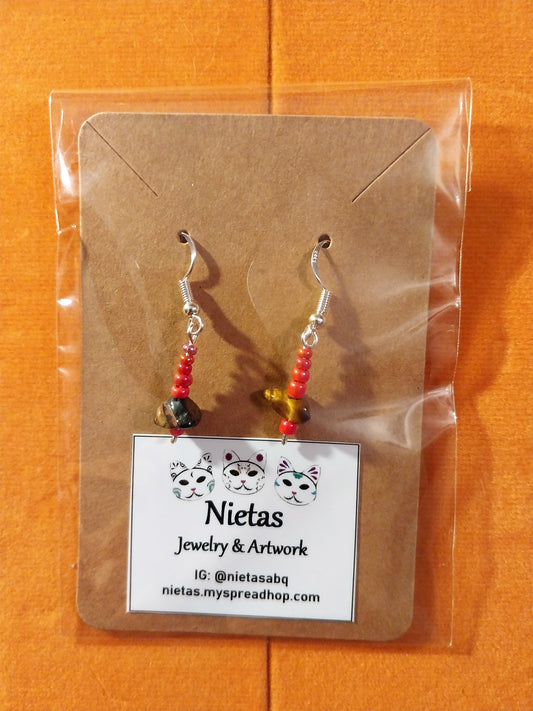 Tiger's Eye Stone and Coral Colored Bead Earrings