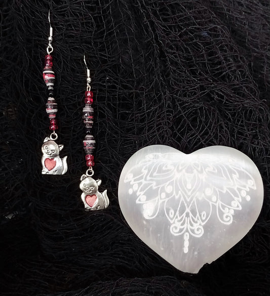 Cat Heart Earrings With Multicolor Handmade Paper Beads