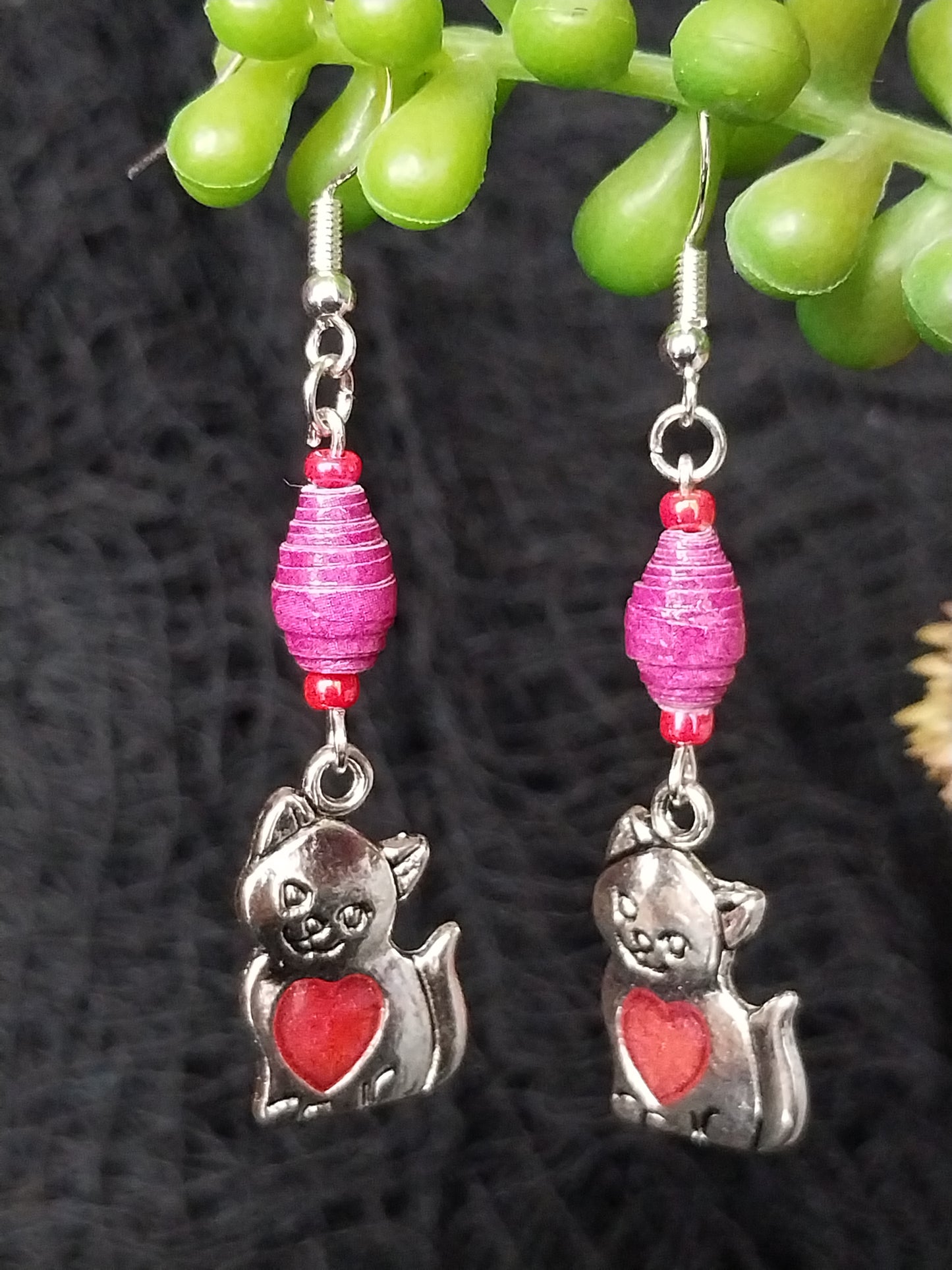Cat Heart Earrings With Magenta Handmade Paper Beads