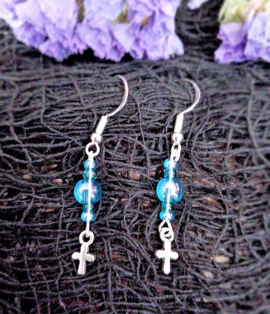 Cross Earrings With Blue Glass Beads