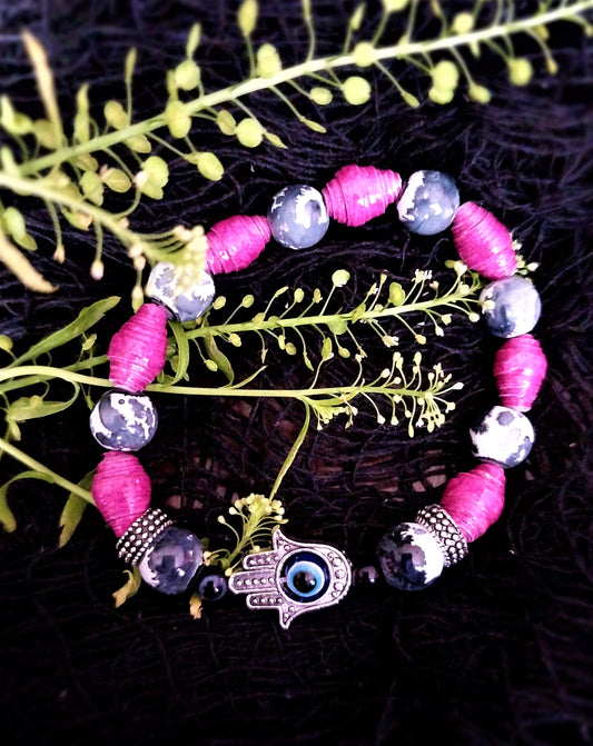 Bracelet With Hamsa Hand, Magenta Handmade Paper Beads, and Grey/White Marbled Beads