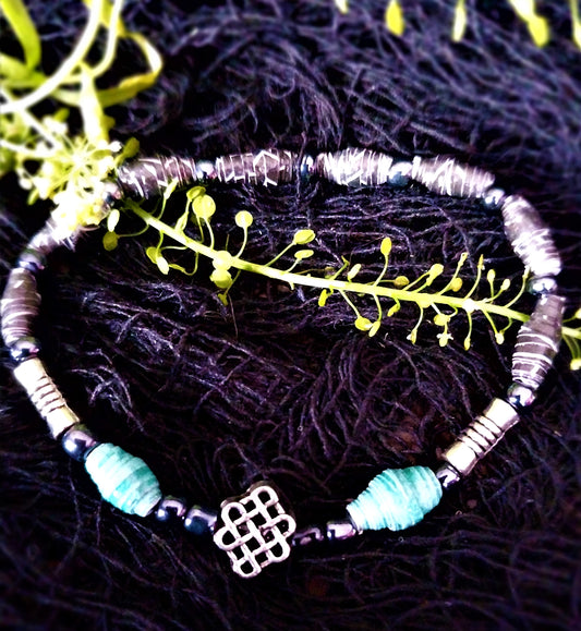 Bracelet With Turquoise Colored Handmade Paper Beads & Black Beads