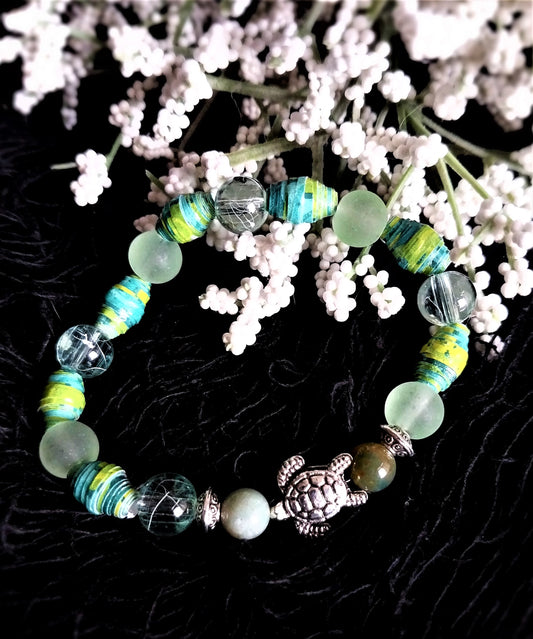 Bracelet With Turtle, Green & Teal Colored Handmade Paper Beads, and Green Beads