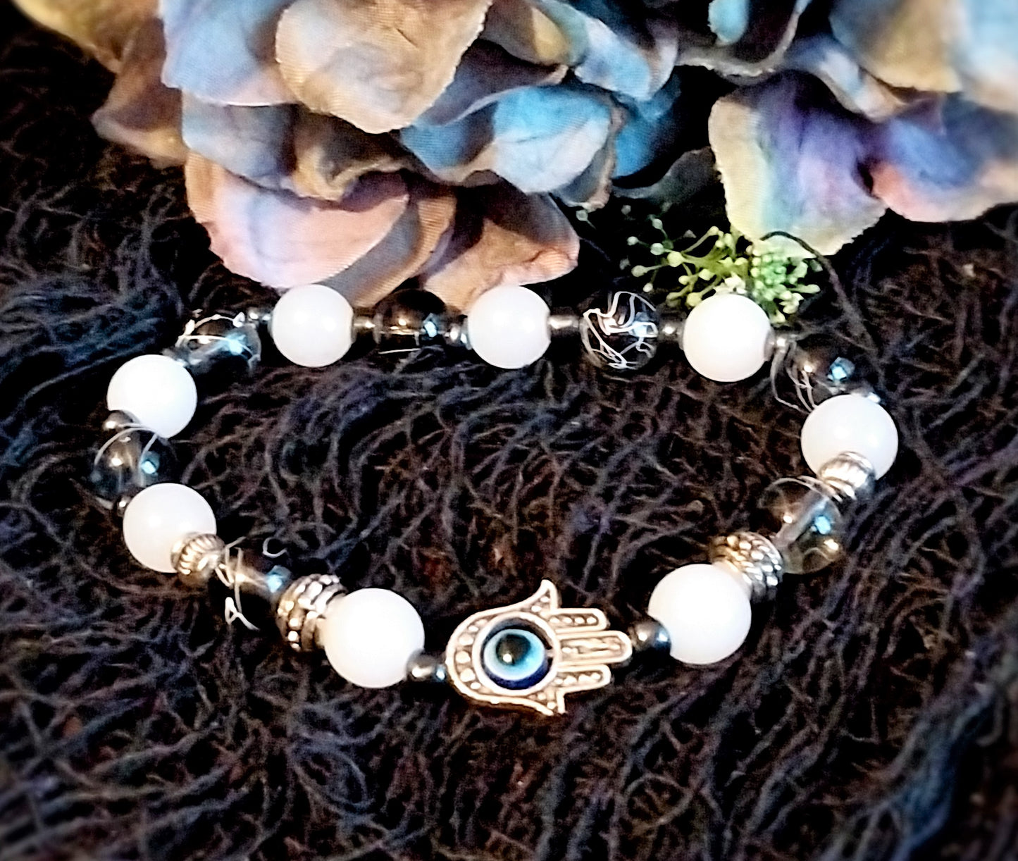 Bracelet With Hamsa Hand, and White & Clear Glass Beads