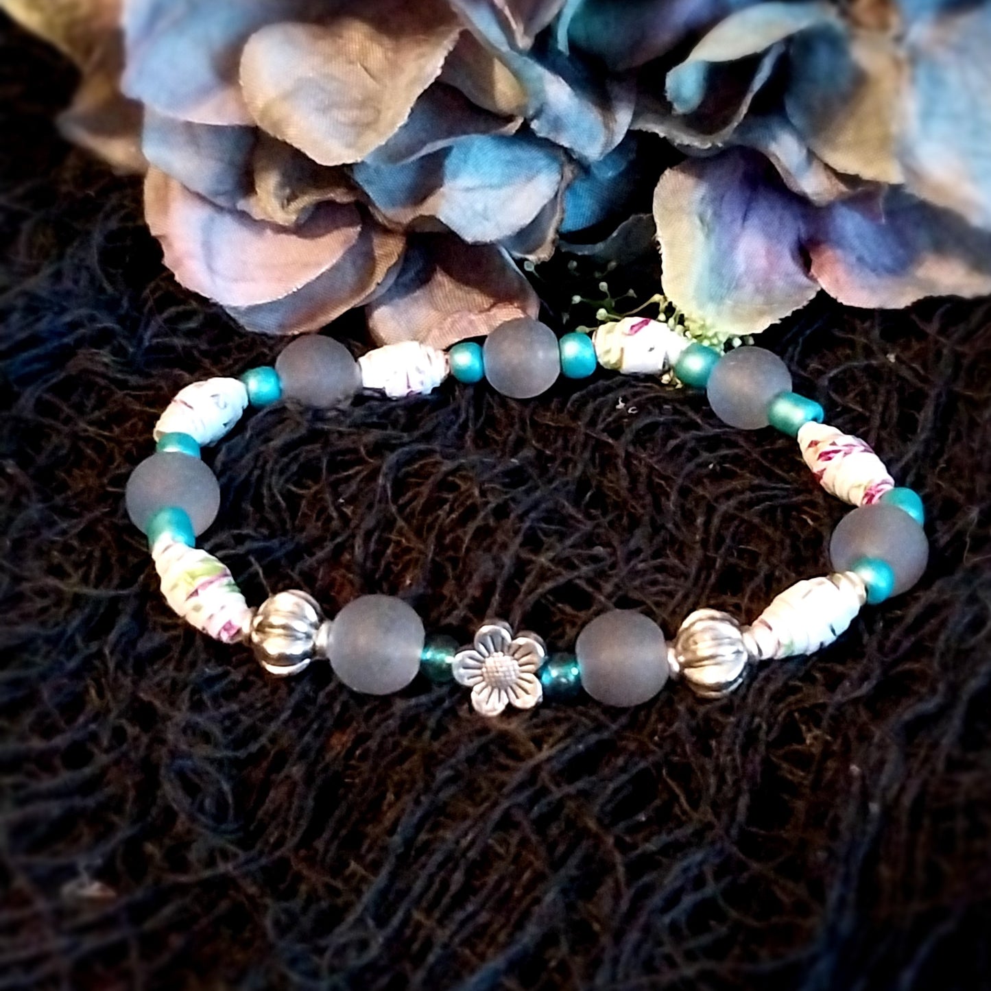 Bracelet With Flowers, Colorful Handmade Paper Beads, and Grey Beads