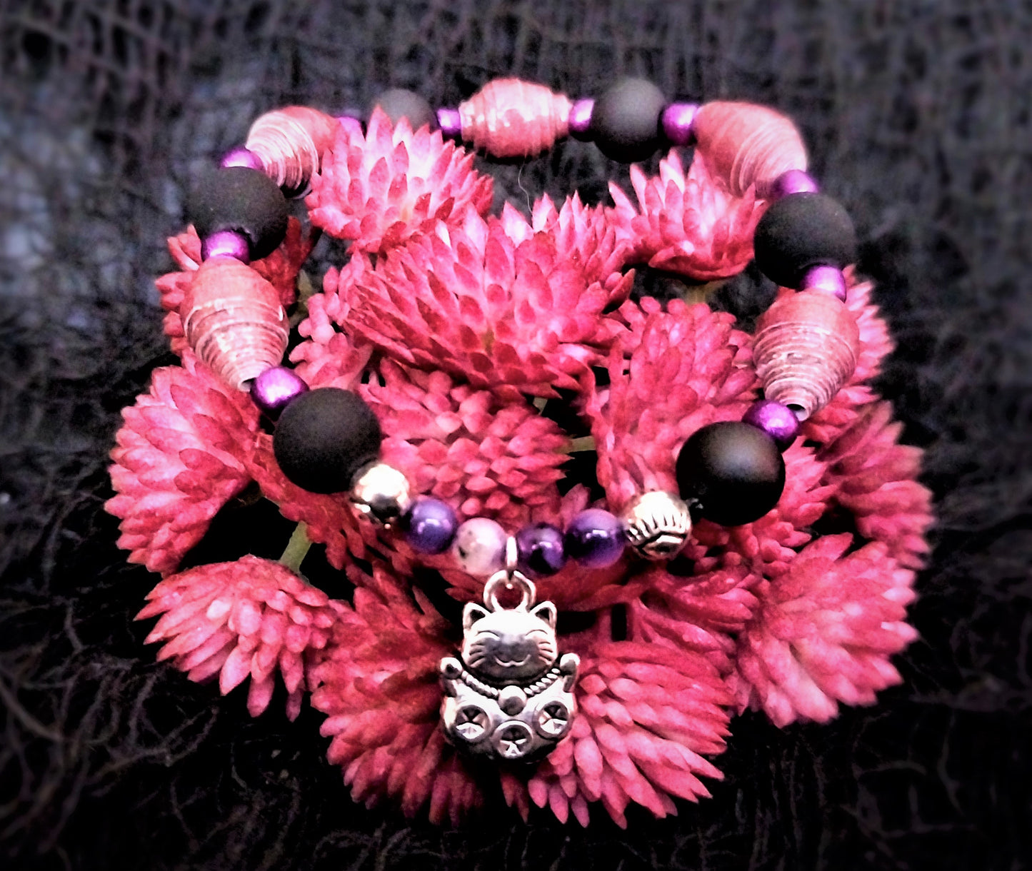 Bracelet With Lucky Cat, Mauve Handmade Paper Beads & Black Beads