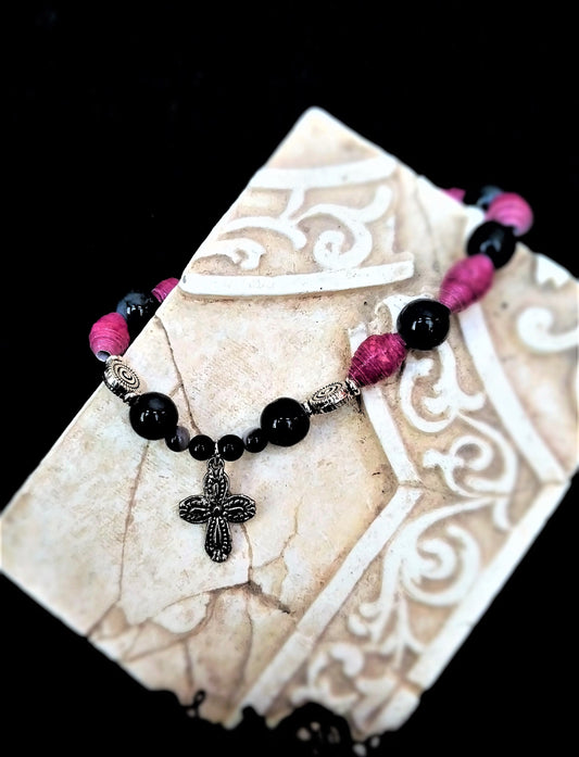 Bracelet With Cross, Light Plum Colored Handmade Paper Beads and Black Beads