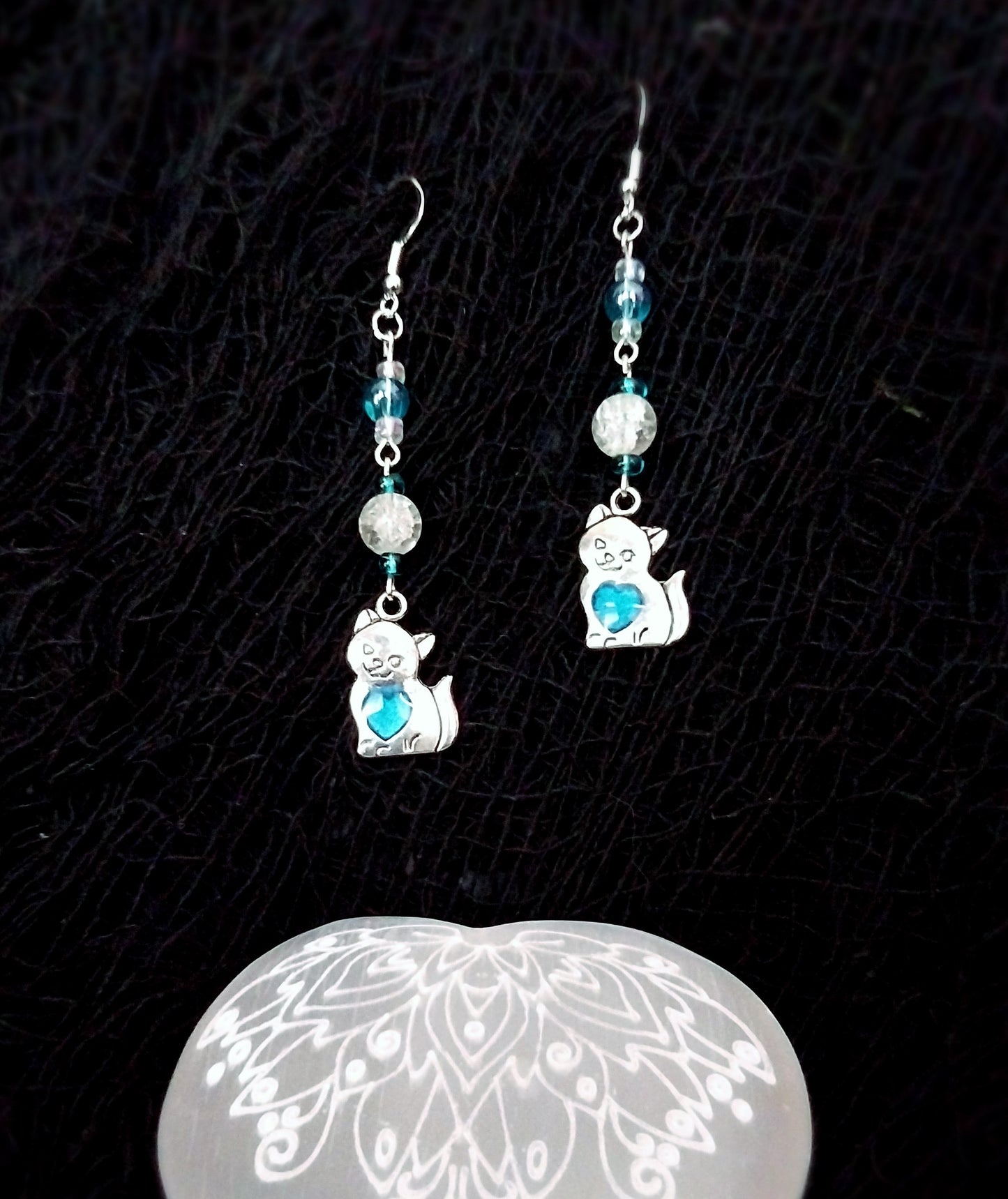Cat Earrings With Clear Crackle and Aqua Glass Beads