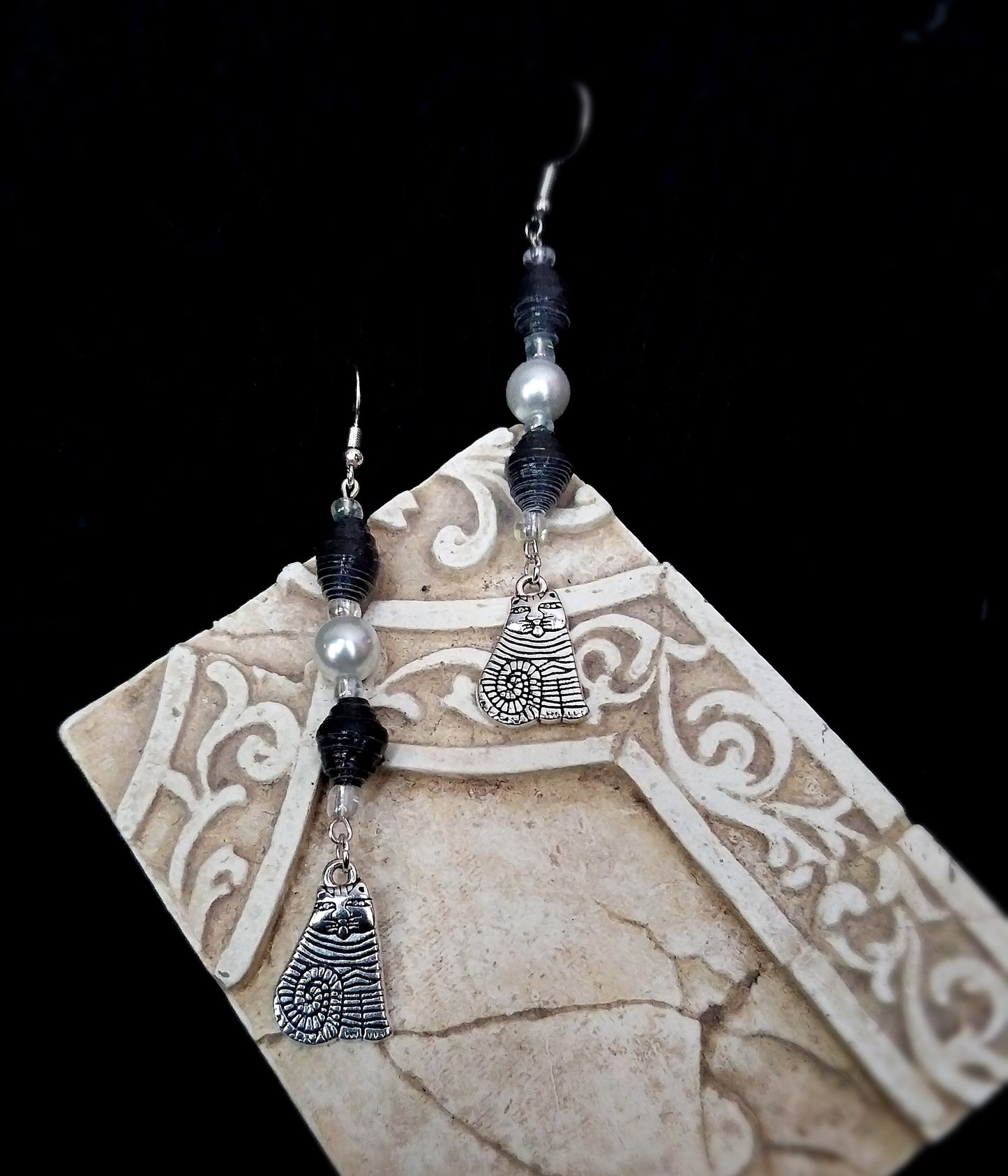 Cat Earrings With Black Handmade Paper Beads