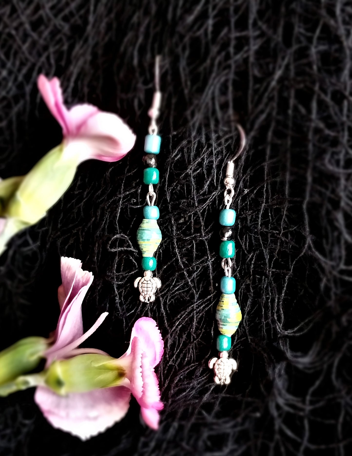 Turtle Earrings With Green-Yellow Handmade Paper Beads