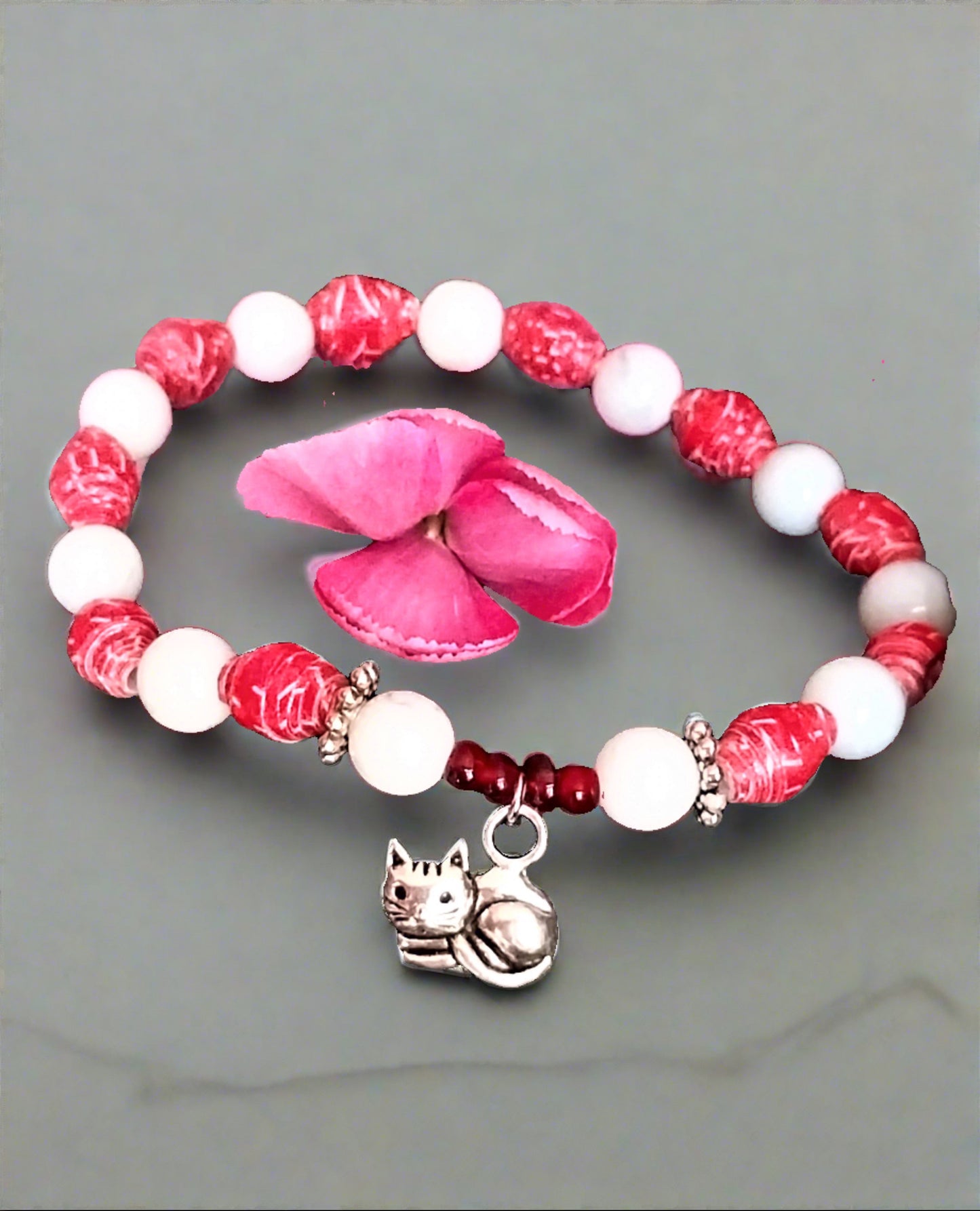 Bracelet With Cat, Scarlet Colored Handmade Paper Beads, and White Marbled Beads