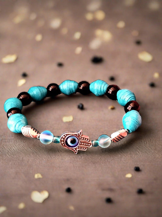 Bracelet With Hamsa Hand, Turquoise Colored Handmade Paper Beads & Black Beads