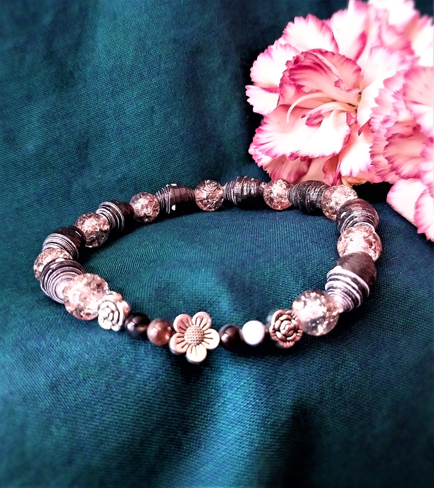 Bracelet With Flowers, Black Handmade Paper Beads and Clear Crackle Beads