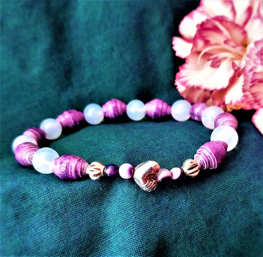 Bracelet With Heart, Purple Handmade Paper Beads, and Opaque Beads