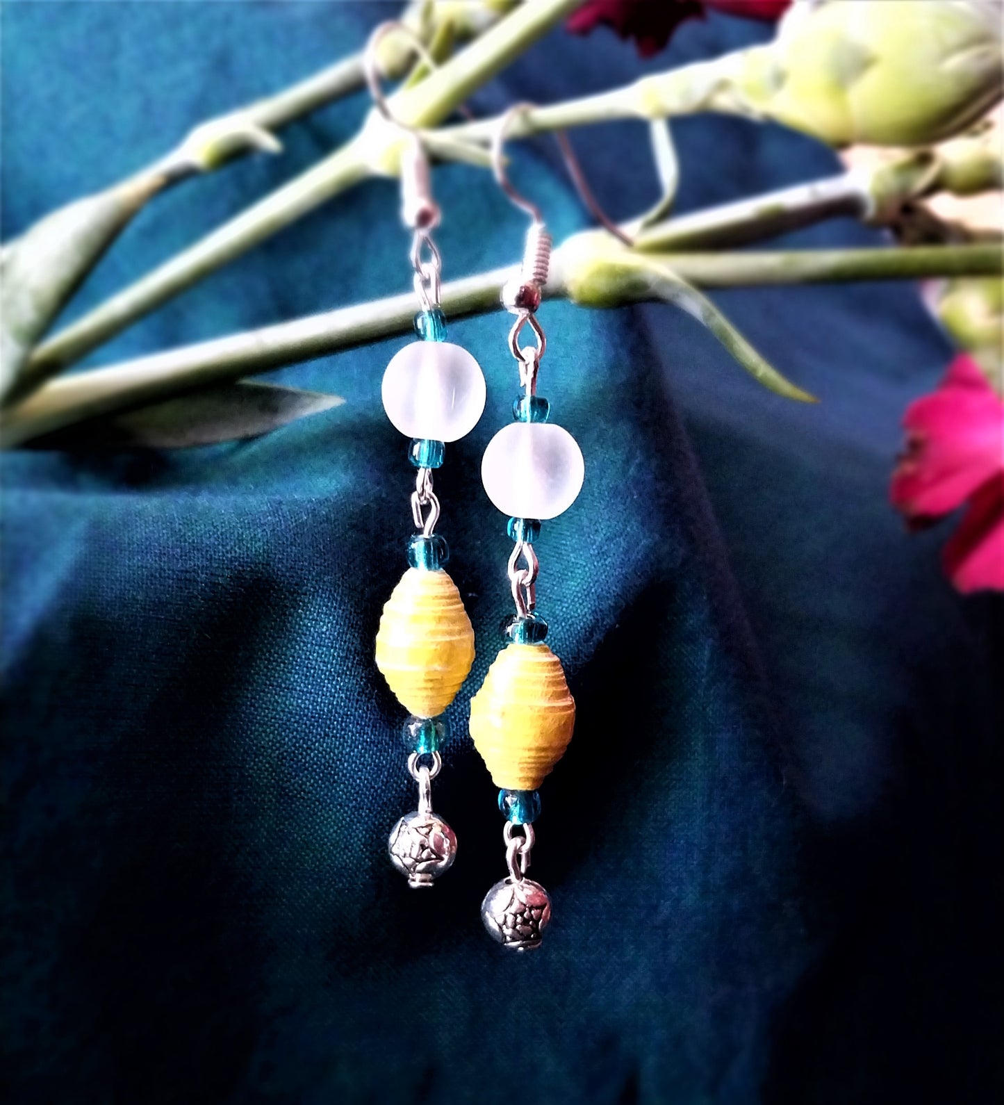 Flower Earrings With Yellow Handmade Paper Beads