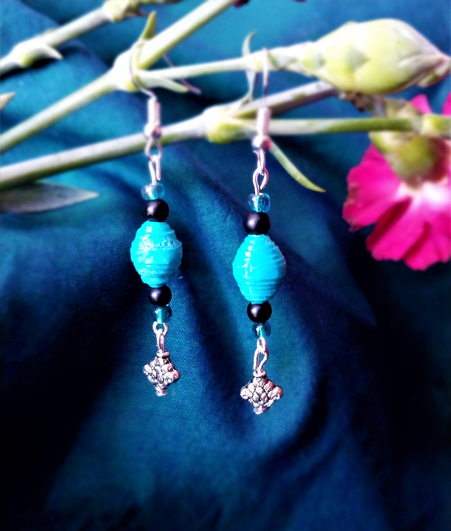 Turquoise Colored Handmade Paper Bead Earrings