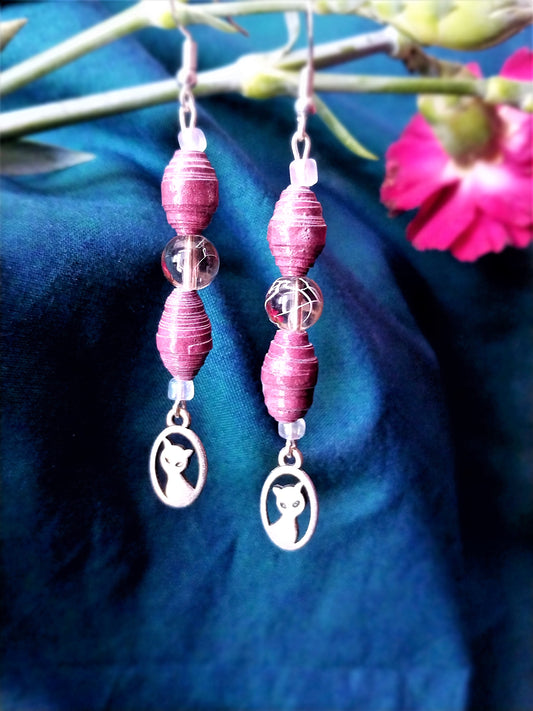 Cat Earrings With Mauve Handmade Paper Beads