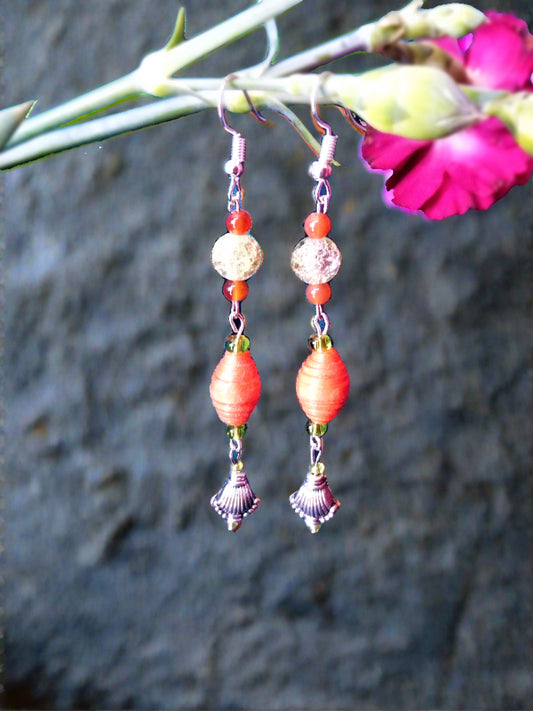 Art Deco-Style Earrings With Orange Handmade Beads and Carnelian Beads