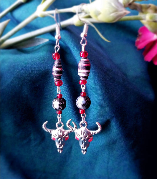 Cow Skull Earrings With Multicolored Handmade Paper Beads