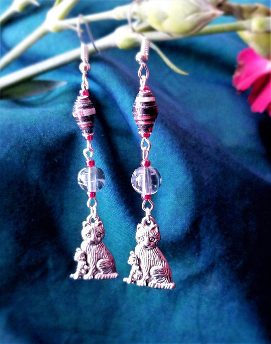 Cat & Kitten Earrings With Multicolor Handmade Paper Beads