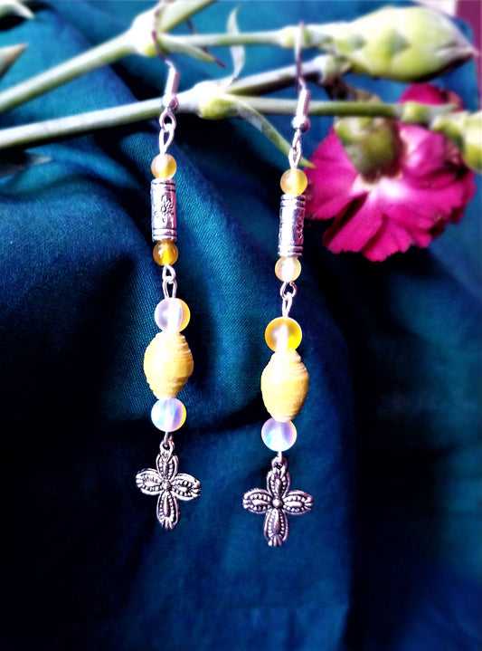 Cross Earrings With Yellow Handmade Paper Beads