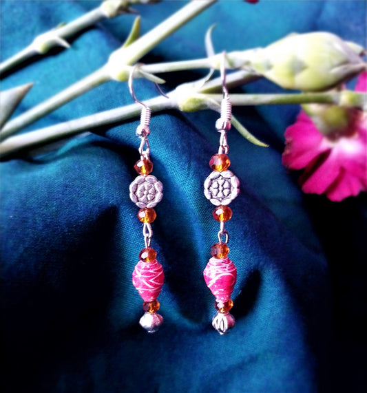 Flower Earrings With Scarlet Colored Handmade Paper Beads