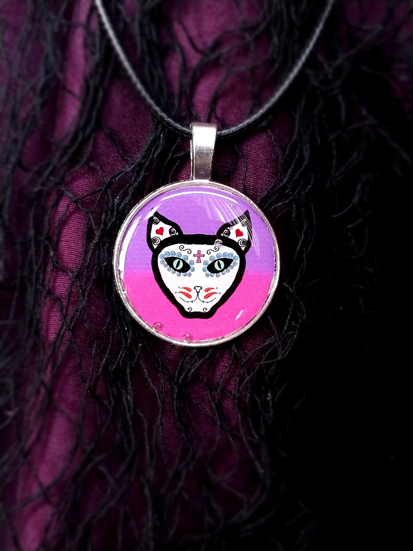 Dia De Los Muertos Cat Skull Digital Art Necklace