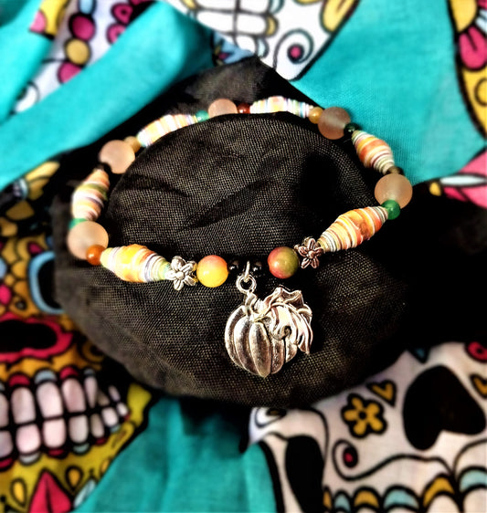 Bracelet With Pumpkin, Colorful Handmade Paper Beads, and Opaque Beads