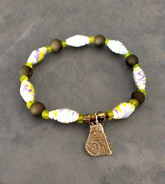 Bracelet With Cat Colorful Handmade Paper Beads and White Marbled Beads