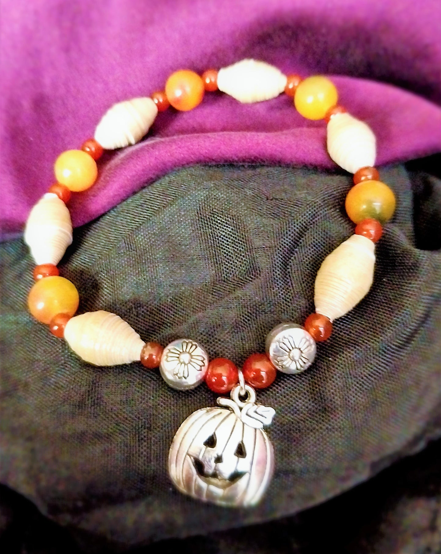 Bracelet With Pumpkin, Colorful Handmade Paper Beads, and Opaque Beads