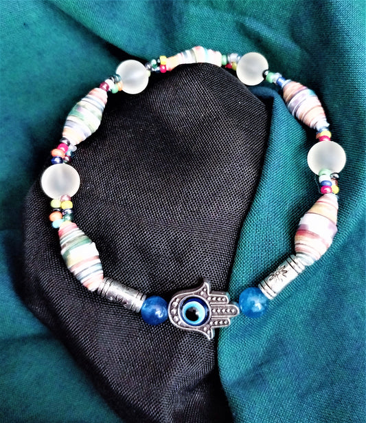 Bracelet With Hamsa Hand, Colorful Handmade Paper Beads, and Frosted Beads