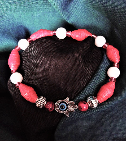 Bracelet With Hamsa Hand, Vermillion Colored Handmade Paper Beads, and White Marbled Beads