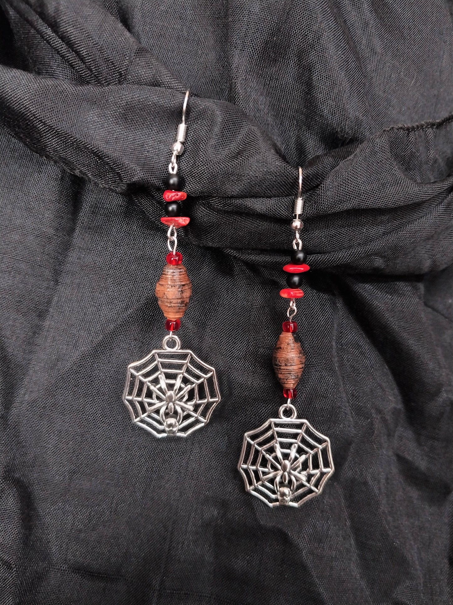 Spiderweb Earrings With Red Chip Stone and Brown Distressed Handmade Paper Beads