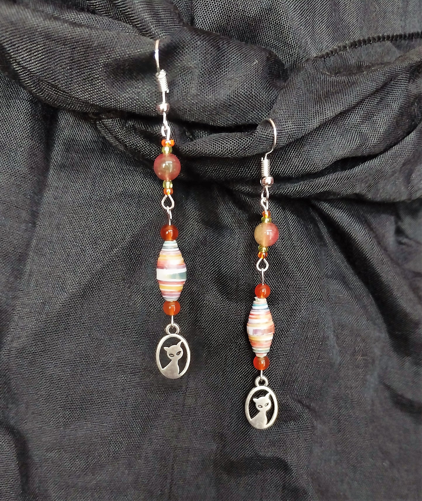 Cat Earrings With Multicolored Handmade Paper Beads