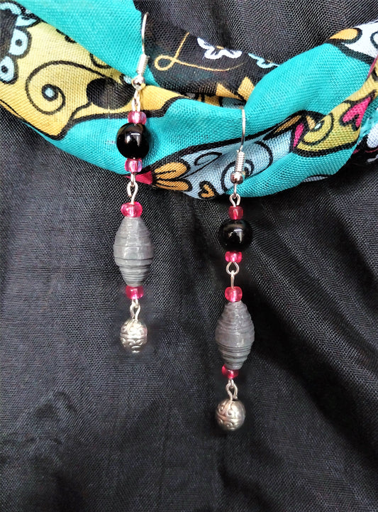 Grey Handmade Paper Bead Earrings With Round Charm