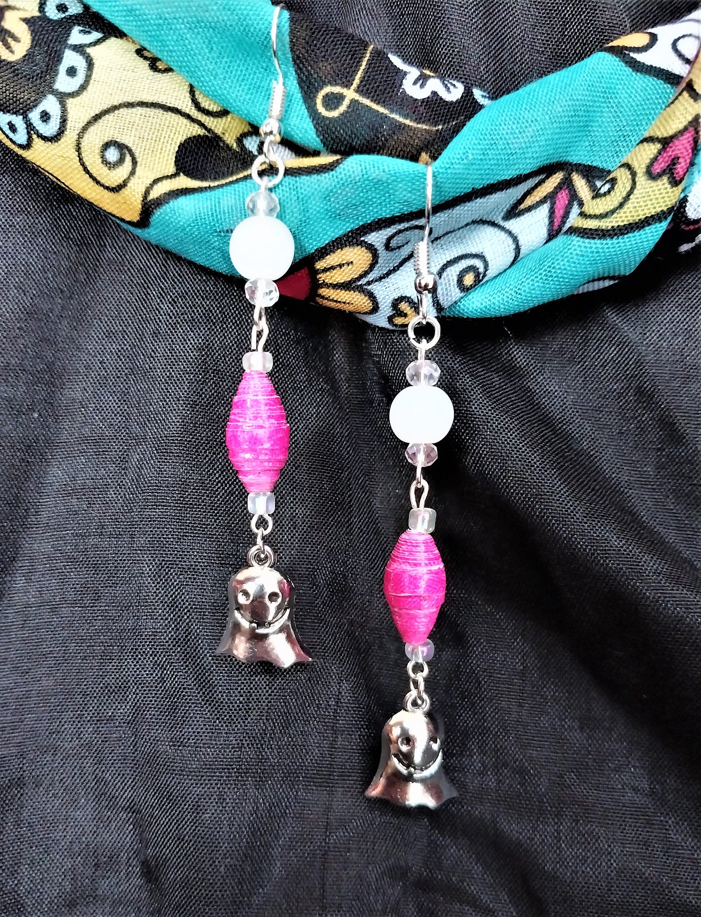 Ghost Earrings With Pink Handmade Paper Beads