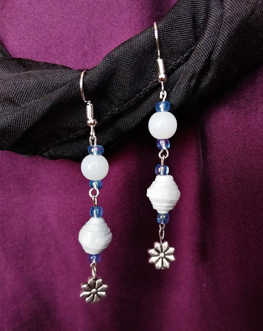 Flower Earrings With Powder Blue Handmade Paper Beads