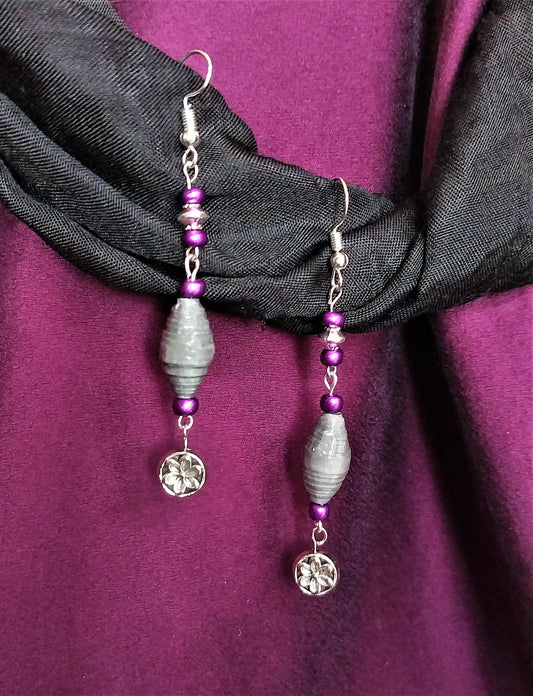 Flower Earrings With Grey Handmade Paper Beads