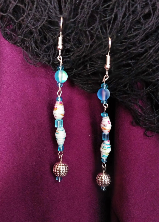 White Metallic Streaked Handmade Paper Bead Earrings With Round Charm