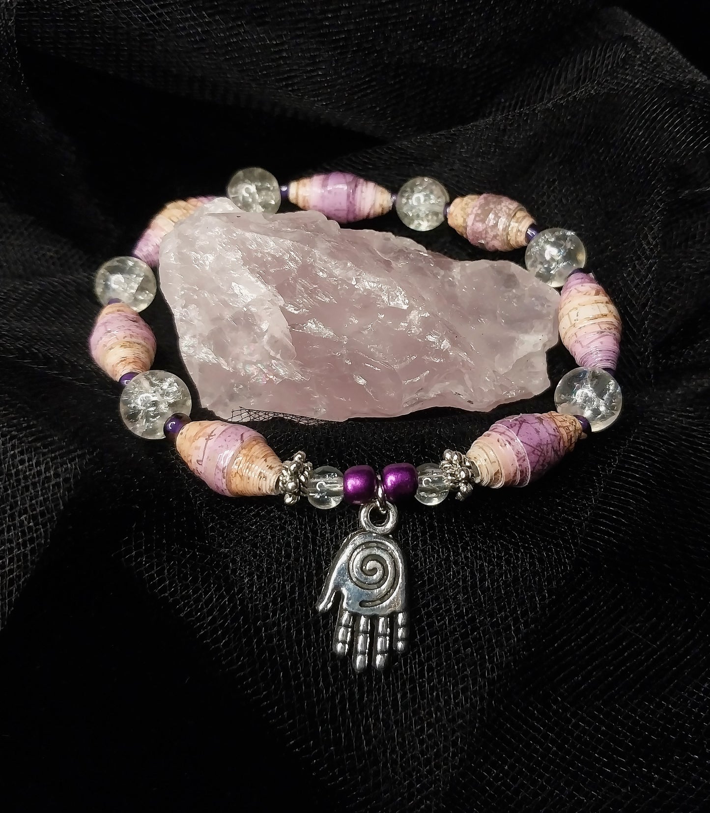 Bracelet With Hamsa Hand, Lilac and Peach Toned Handmade Paper Beads & Crackle Beads